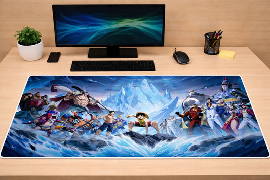 Large 24x12 inch One Piece mousepad featuring the Marineford war with Whitebeard and Luffy on a modern gaming desk setup.