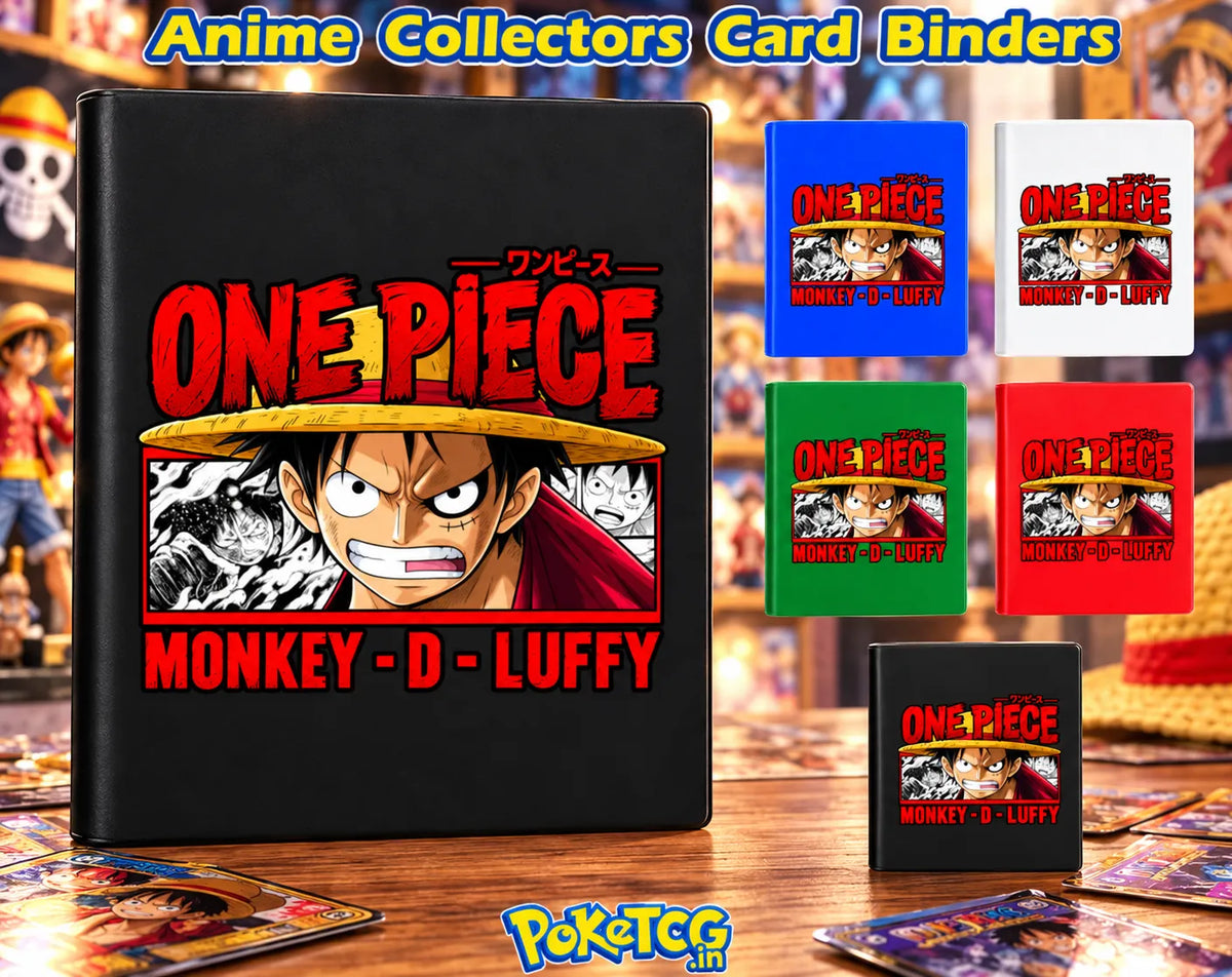 One Piece Monkey D. Luffy anime card binders in black, blue, white, green, and red featuring character artwork for trading card collectors.