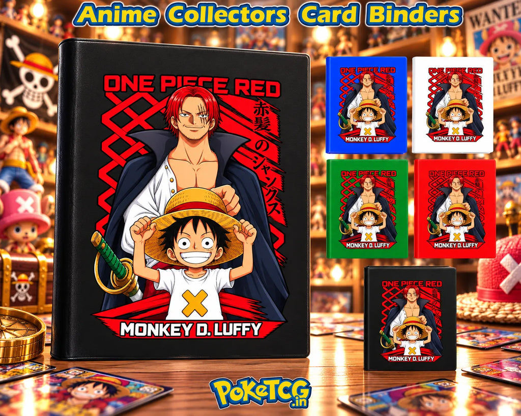 One Piece Red anime card binder featuring Monkey D. Luffy and Shanks-inspired artwork in black, blue, white, green, and red.