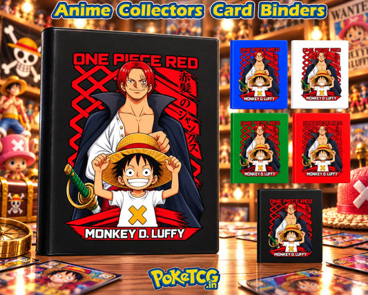One Piece Red anime card binder featuring Monkey D. Luffy and Shanks-inspired artwork in black, blue, white, green, and red.