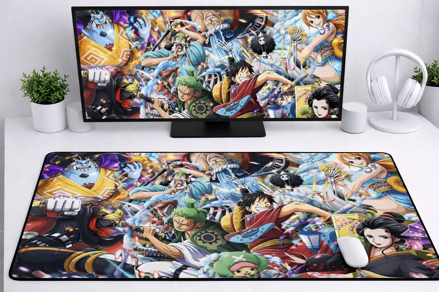Large 24x12 inch One Piece mousepad featuring a colorful collage of the Straw Hat Pirates in Wano kimonos on a clean desk setup.