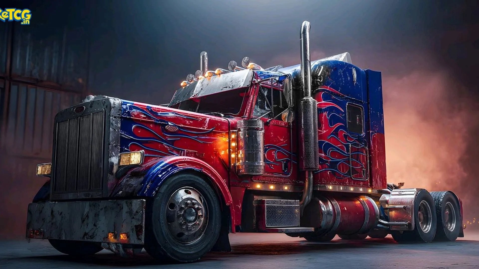 Large 24x12 inch Transformers mousepad featuring Optimus Prime as a red and blue semi-truck with flame decals on a clean desk setup.