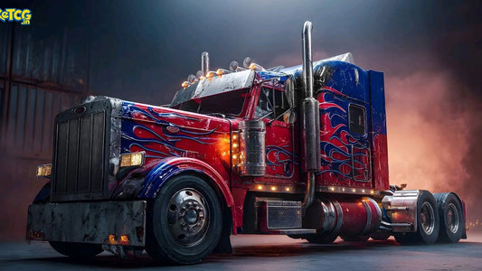 Large 24x12 inch Transformers mousepad featuring Optimus Prime as a red and blue semi-truck with flame decals on a clean desk setup.