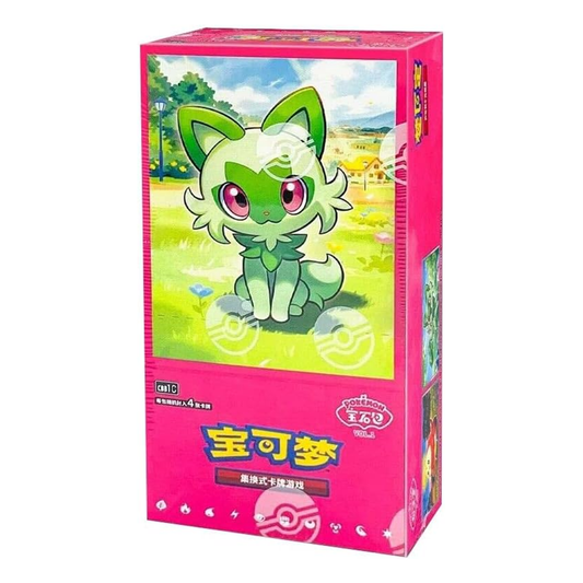 Pokémon trading card game box with a green character on a pink background