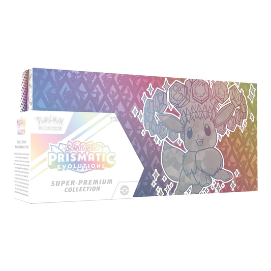 Pokémon Prismatic Evolutions trading card game packaging with a colorful design and Pokémon character.
