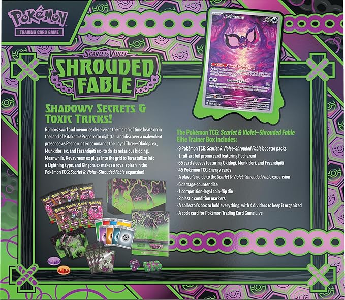 Pokémon Shrouded Fable trading card game packaging with card and text on a green and purple background