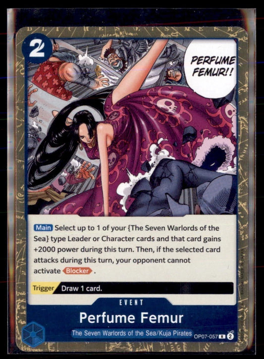 One Piece TCG Perfume Femur OP07-057 event card from 500 Years in the Future set featuring Boa Hancock's petrification kick artwork.