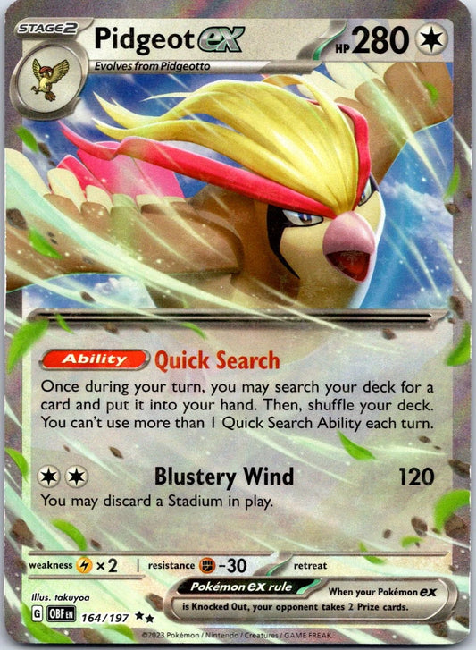 Pokémon TCG Pidgeot ex 164/197 Double Rare card from Obsidian Flames, featuring the majestic Flying-type Pokémon with a premium holofoil finish