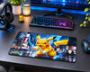 Pikachu Pokemon gaming mouse pad featuring yellow Pikachu with electric blue lightning in a vibrant neon city background.