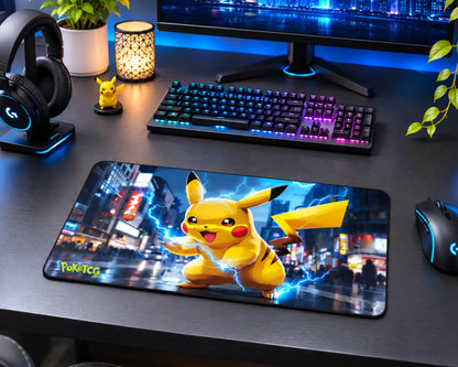 Pikachu Pokemon gaming mouse pad featuring yellow Pikachu with electric blue lightning in a vibrant neon city background.