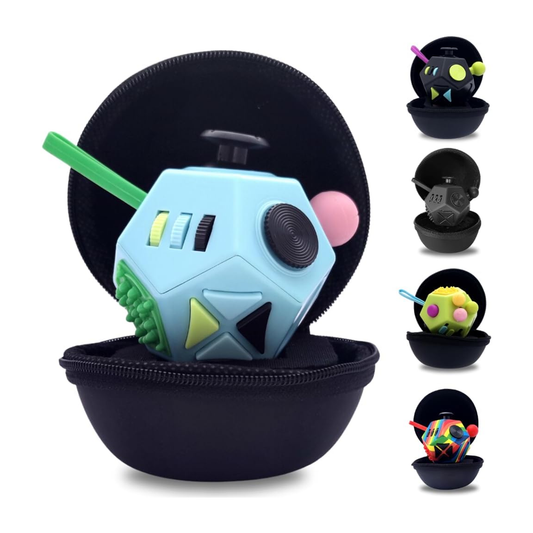 PILPOC theFube 12 sided fidget cube light blue and mix anti stress anxiety toy with carry case for kids and adults