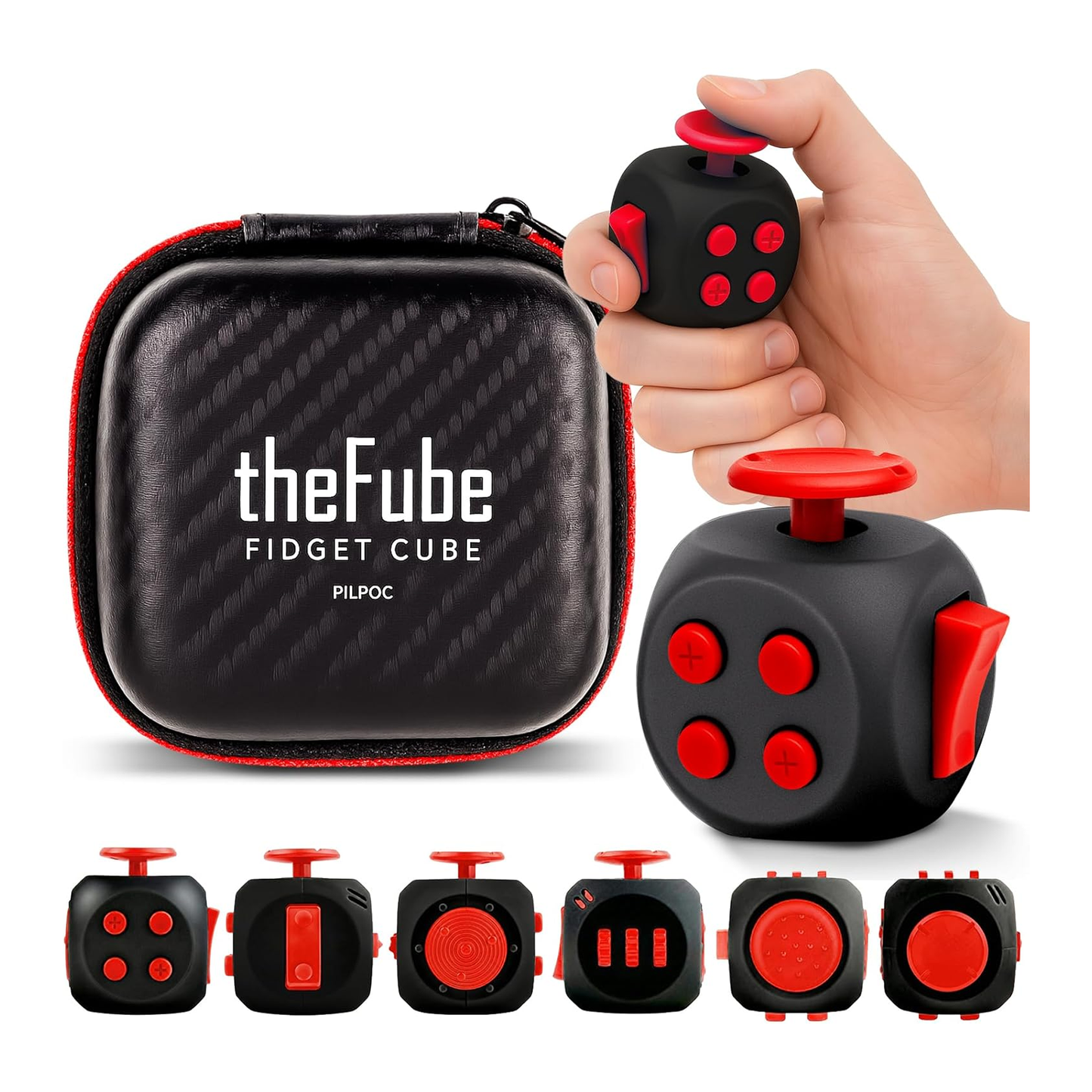 PILPOC theFube 6 sided fidget cube midnight crimson infinity stress relief toy with carry case for kids and adults