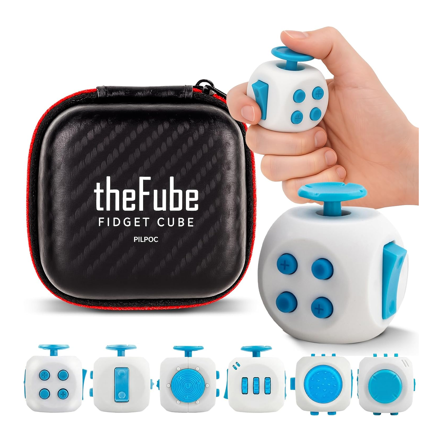 PILPOC theFube 6 sided fidget cube pearl sapphire infinity stress relief toy with carry case for kids and adults