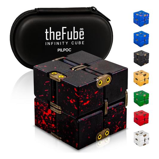 PILPOC theFube aluminum infinity cube fidget desk toy in black and red color for stress and anxiety relief with carry case
