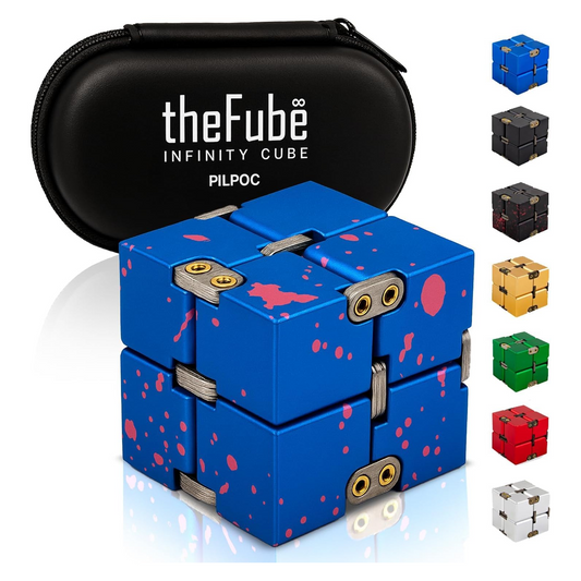 PILPOC theFube aluminum infinity cube fidget desk toy in blue and pink color for stress and anxiety relief with carry case