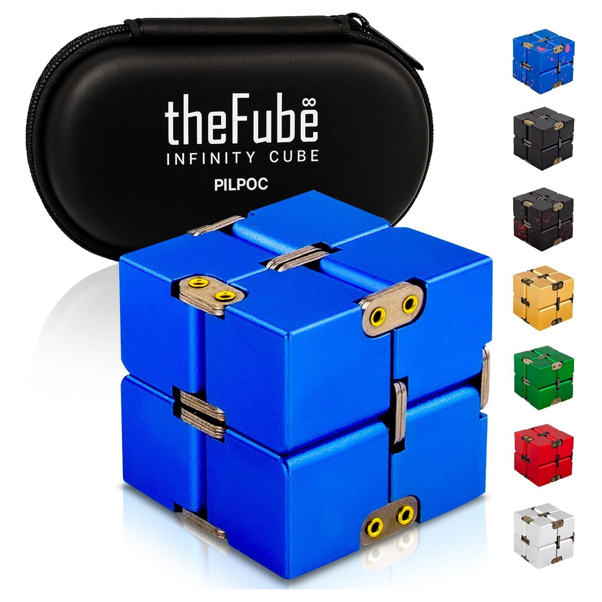 PILPOC theFube aluminum infinity cube fidget desk toy for stress relief and anxiety with carry case in blue color