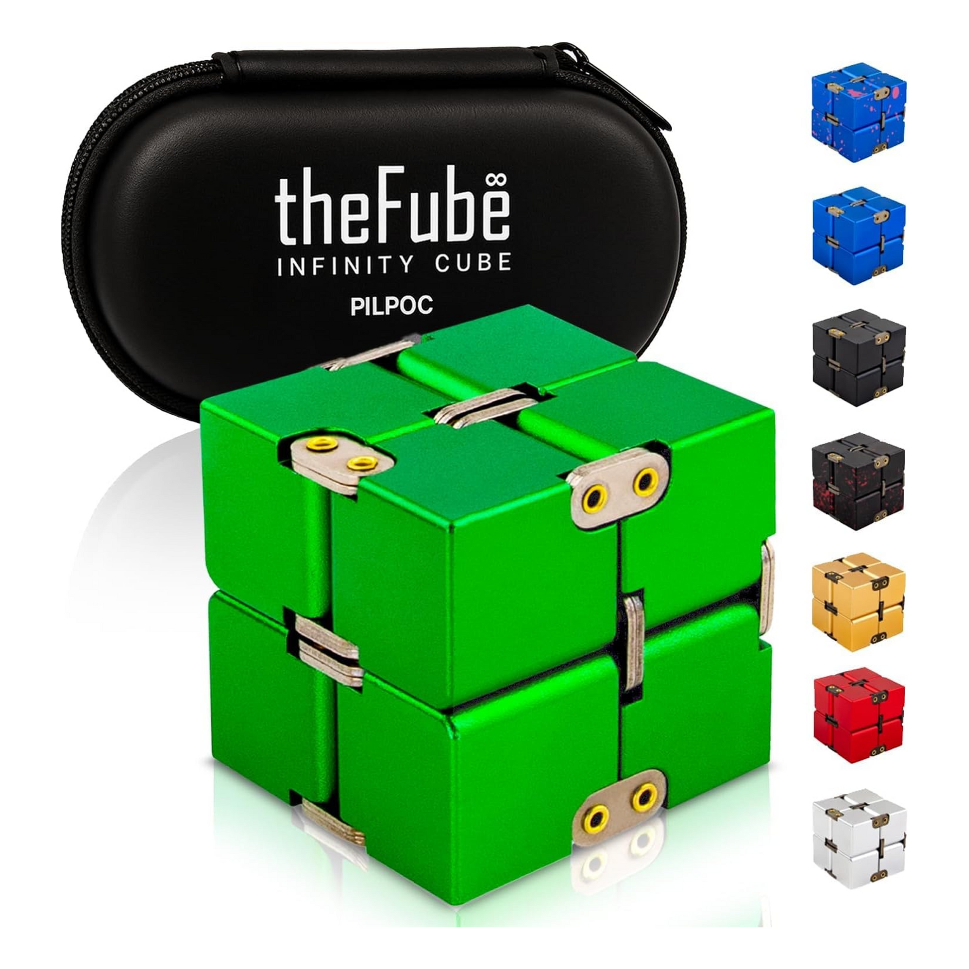 PILPOC theFube aluminum infinity cube fidget desk toy in green color for stress and anxiety relief with carry case