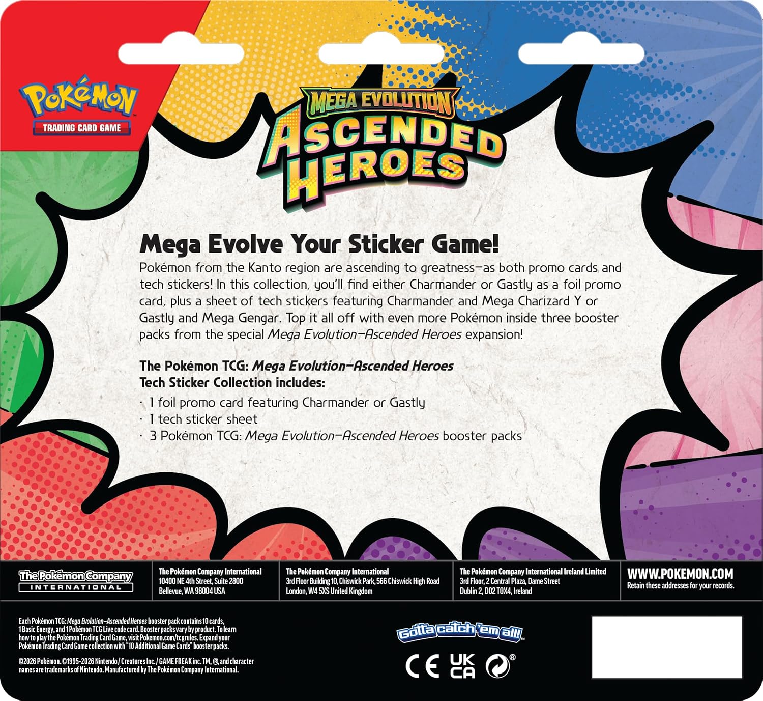 Back view of PokeTCG Pokémon Ascended Heroes Charmander Tech Sticker Collection showing included items.