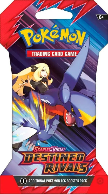 Pokemon TCG Scarlet and Violet Destined Rivals sleeved booster pack featuring Cynthia and Garchomp