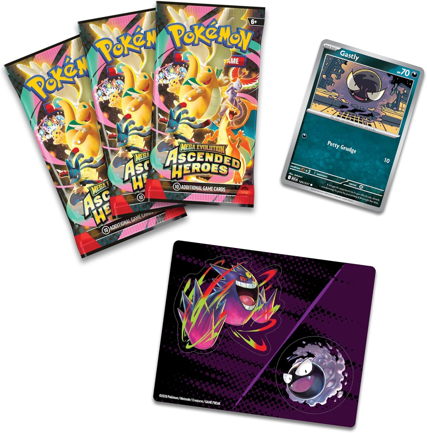 Gastly and Mega Gengar tech sticker sheet included in the PokeTCG Pokémon Ascended Heroes Tech Sticker Collection.