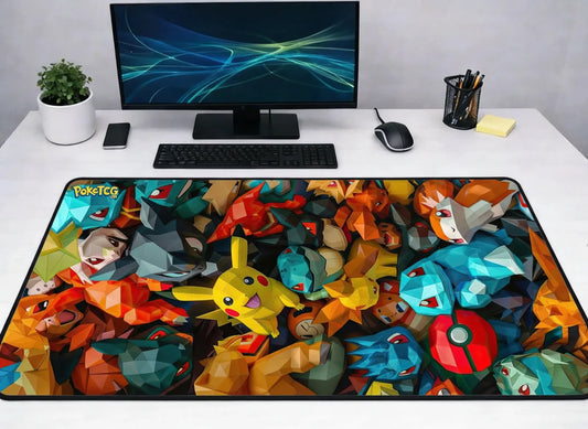 Large 24x12 inch Pokémon mousepad featuring a colorful 3D geometric low-poly collage of Pikachu and various Kanto Pokémon on a clean desk setup