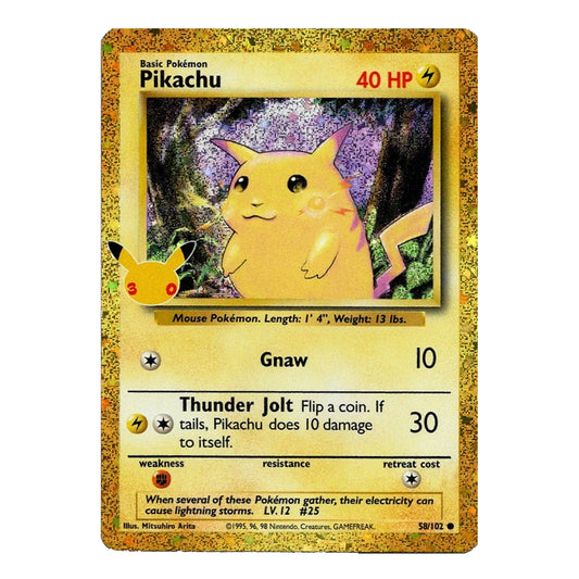 Vintage Pokémon Pikachu trading card featuring the classic yellow Pikachu artwork, 40 HP, gold holographic border, and 25th anniversary Pikachu stamp. A collectible Pokémon TCG card ideal for trading card collectors and vintage Pokémon fans.