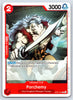 One Piece TCG character card OP07-012 featuring Porchemy, a muscular man with wild grey hair wielding a large scimitar in a dynamic combat pose.