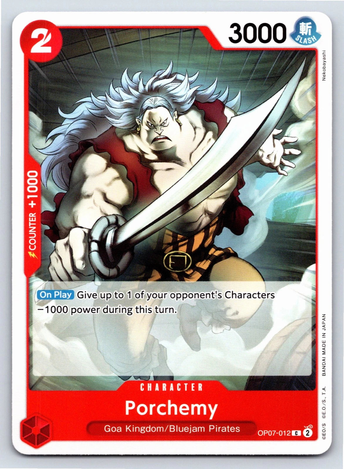 One Piece TCG character card OP07-012 featuring Porchemy, a muscular man with wild grey hair wielding a large scimitar in a dynamic combat pose.