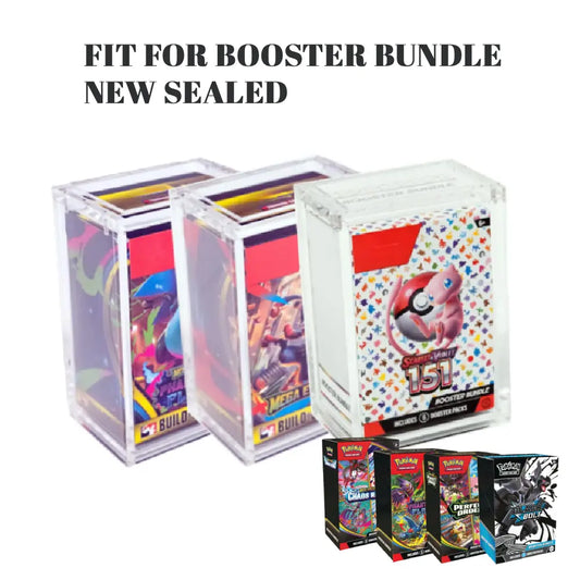 A clear plastic booster bundle card protector case shown with two sealed booster packs inside and one Pokéball-themed sealed pack in front. Small booster pack boxes are lined up at the bottom right.