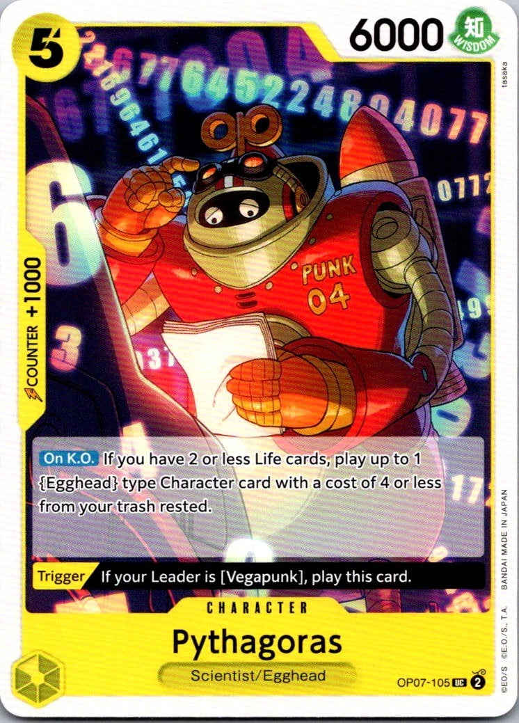 One Piece TCG character card OP07-105 featuring Pythagoras, a small red robot with a green light on its head, reading a paper against a background of glowing blue digital numbers.