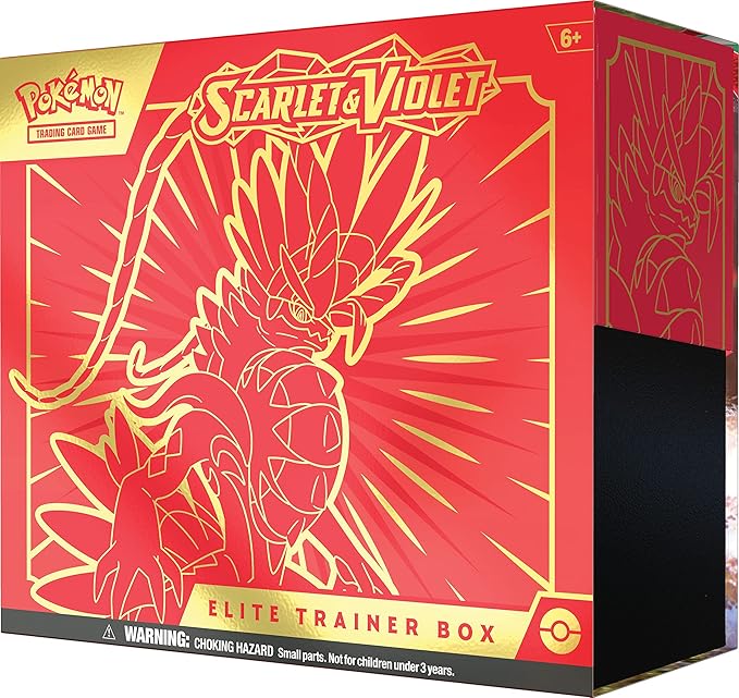 Pokémon Scarlet & Violet Elite Trainer Box packaging with red and gold design.