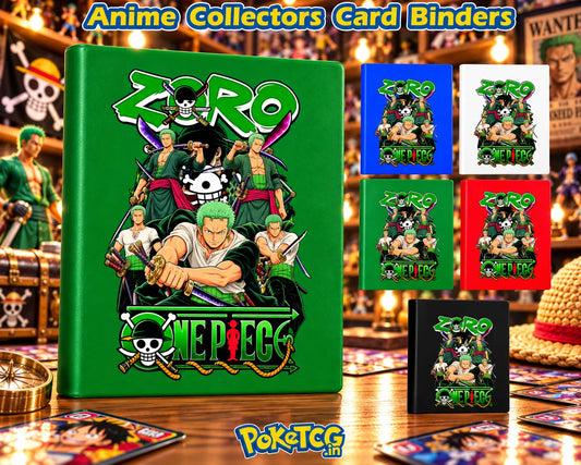 Roronoa Zoro One Piece anime card binders in green, blue, white, red, and black for trading card collectors.
