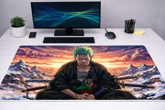 Large 24x12 inch Roronoa Zoro anime mousepad featuring a swordsman illustration with a mountain sunset background.