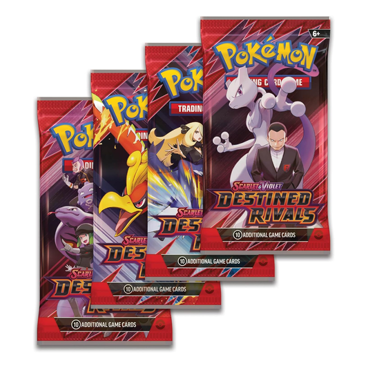 Four packs of Pokémon trading cards featuring different characters on a white background.
