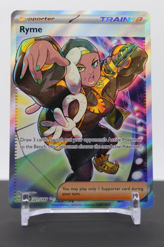 Pokémon TCG Ryme 221/197 Ultra Rare Full Art card from Obsidian Flames, featuring the Ghost-type Gym Leader with a premium holofoil finish.