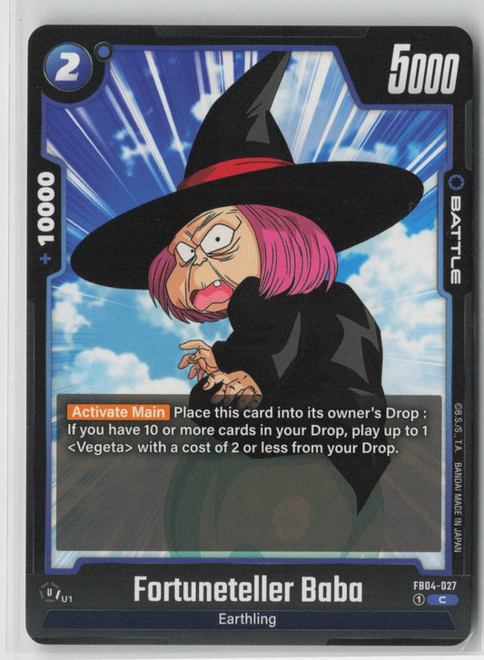 High-definition Dragon Ball Fusion World trading card of Fortuneteller Baba (FB04-027) from the Ultra Limit set, featuring Baba on her floating crystal ball with red and blue game text and stats.
