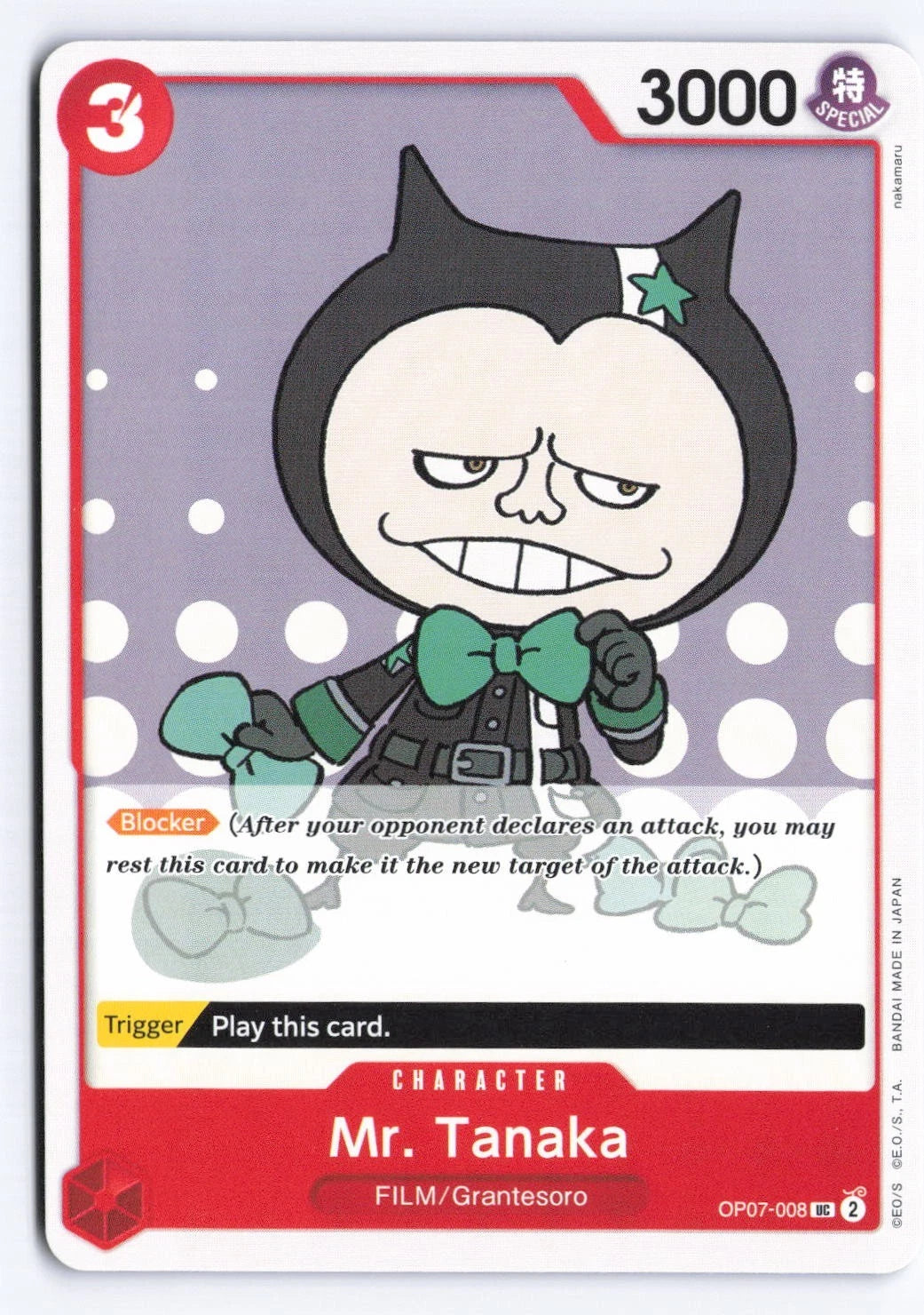 One Piece TCG character card OP07-008 featuring Mr. Tanaka, a small character with a large head, black cat-eared hat with a green star, and a green bowtie against a purple polka-dot background.