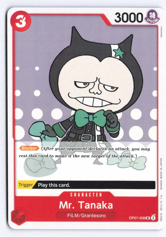 One Piece TCG character card OP07-008 featuring Mr. Tanaka, a small character with a large head, black cat-eared hat with a green star, and a green bowtie against a purple polka-dot background.