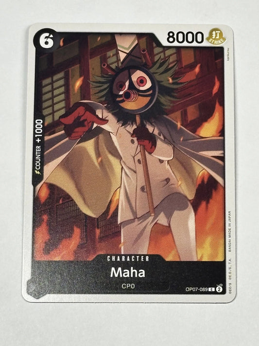 One Piece TCG character card OP07-089 featuring Maha, a CP0 agent in a white suit and a round patterned mask, pointing forward amidst burning flames
