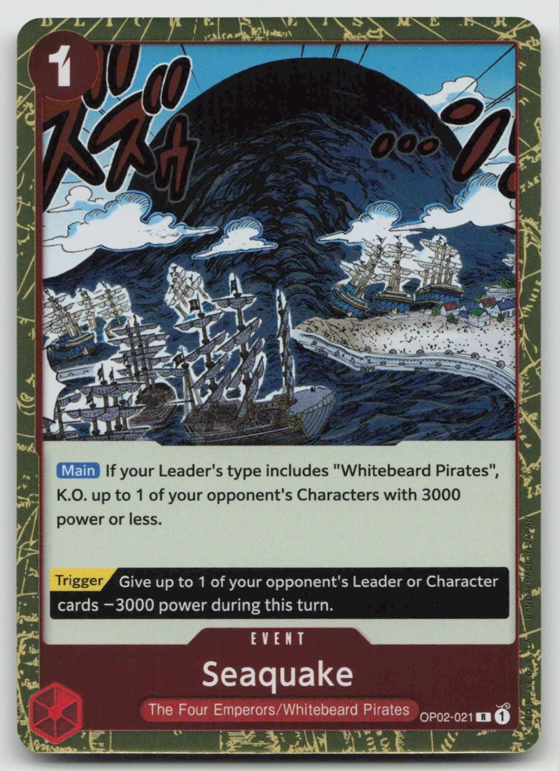 One Piece TCG Seaquake OP02-021 rare foil card from Paramount War set featuring devastating oceanic destruction artwork and English text.