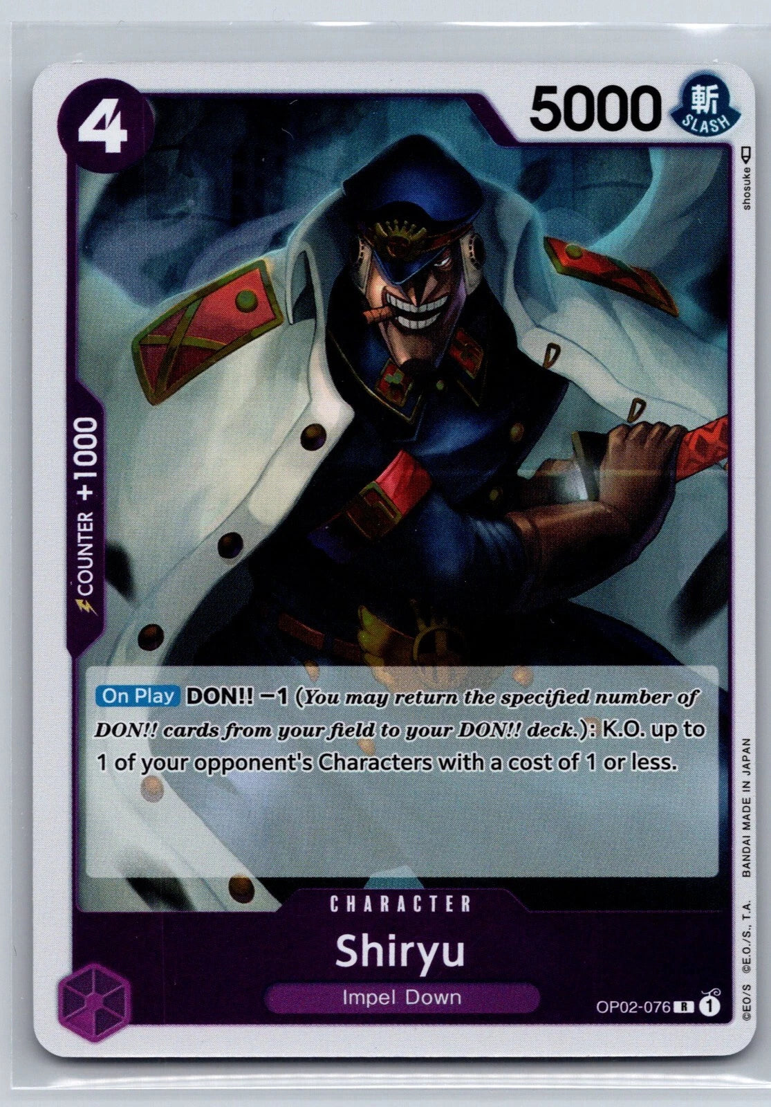One Piece TCG Shiryu OP02-076 rare English card from Paramount War set featuring 5000 power and DON!! -1 K.O. ability.