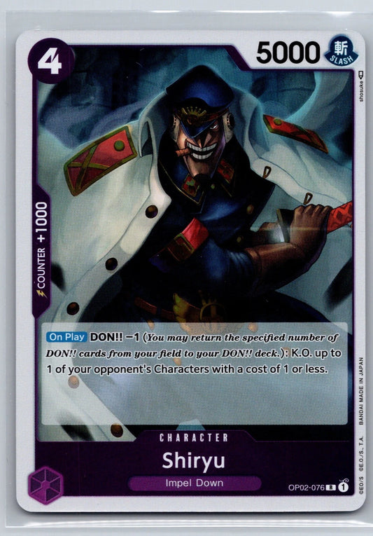 One Piece TCG Shiryu OP02-076 rare English card from Paramount War set featuring 5000 power and DON!! -1 K.O. ability.