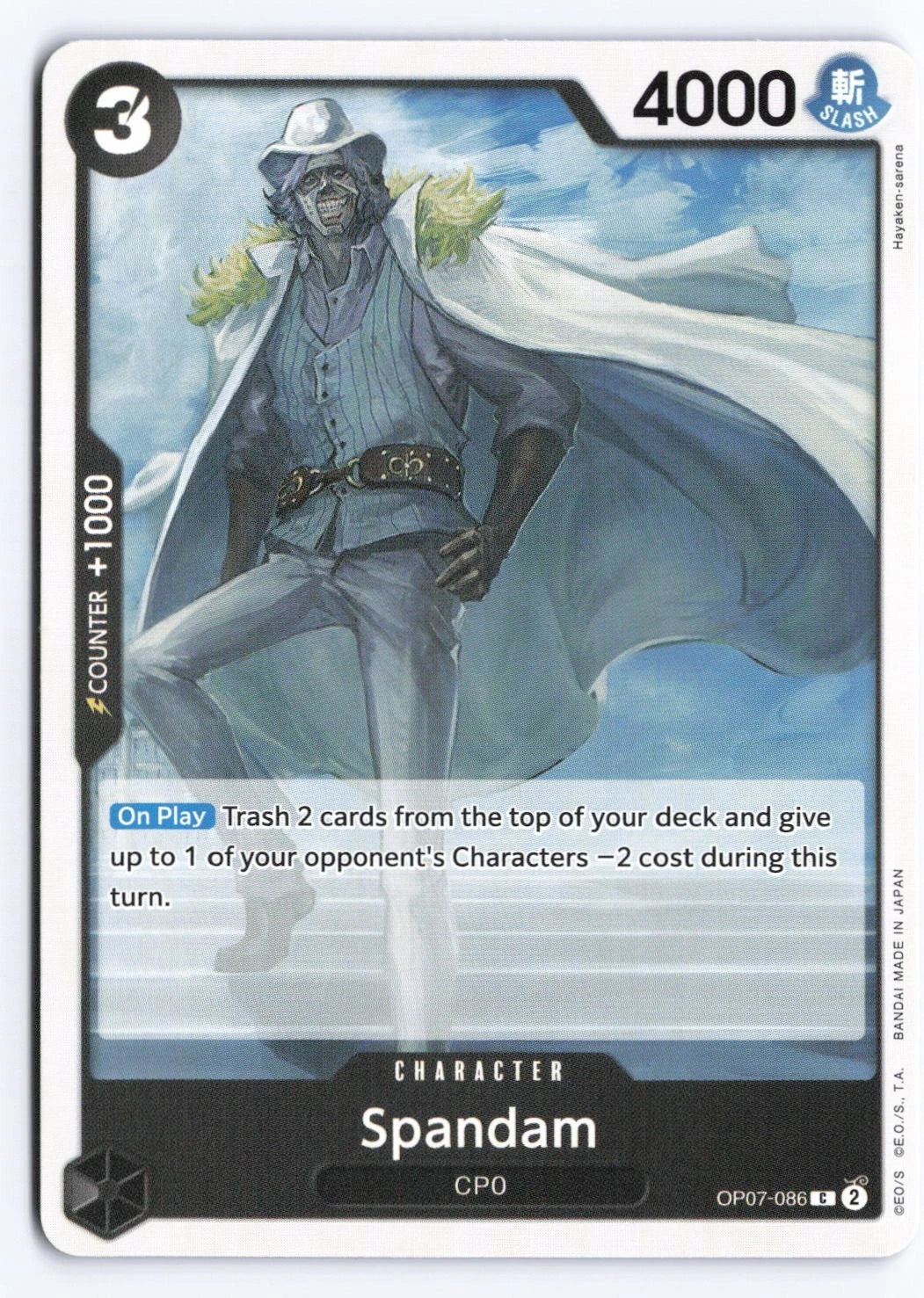 One Piece TCG character card OP07-086 featuring Spandam, a man with grey hair and a scarred face wearing a white suit and hat, standing against a blue sky background.