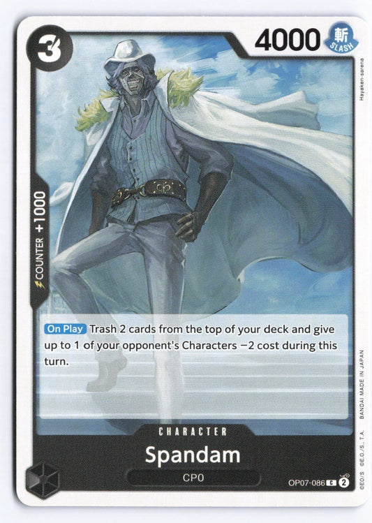 One Piece TCG character card OP07-086 featuring Spandam, a man with grey hair and a scarred face wearing a white suit and hat, standing against a blue sky background.
