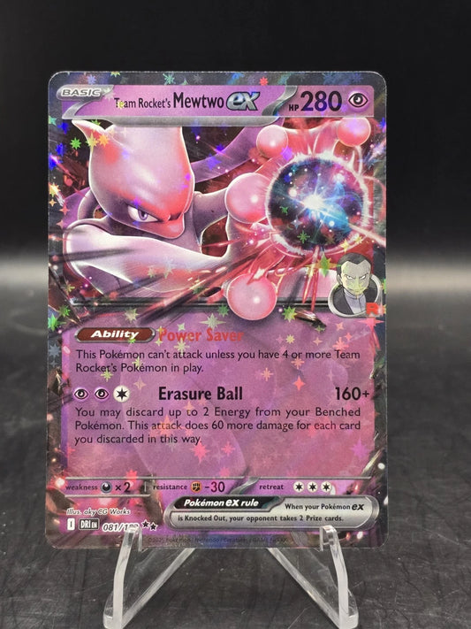 Pokémon TCG Team Rocket's Mewtwo ex 081/182 Double Rare card from Destined Rivals, featuring the legendary psychic Pokémon with a premium holofoil finish.