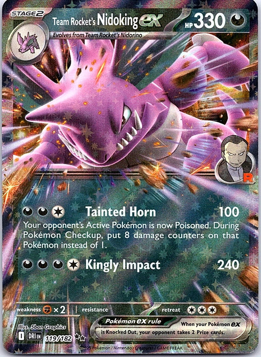Pokémon TCG Team Rocket's Nidoking ex 119/182 Double Rare card from Destined Rivals, featuring the toxic Stage 2 Pokémon with a premium holofoil finish.