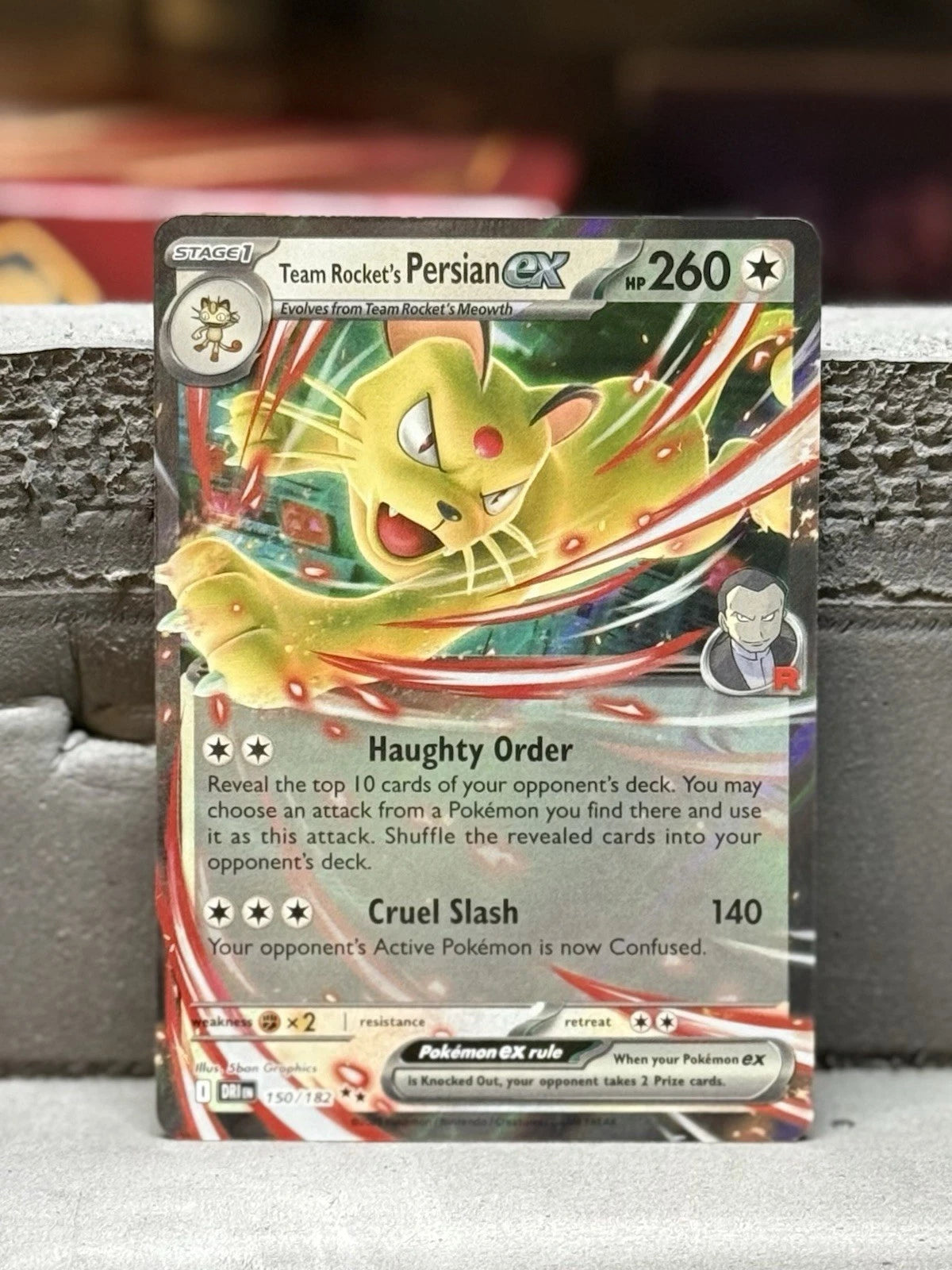 Pokémon TCG Team Rocket's Persian ex 150/182 Double Rare card from Destined Rivals, featuring the Team Rocket feline with a premium holofoil finish.