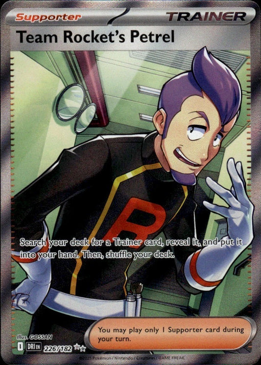 Pokémon TCG Team Rocket's Petrel 226/182 Ultra Rare Full Art card from Destined Rivals, featuring the Team Rocket executive with a premium holofoil finish.