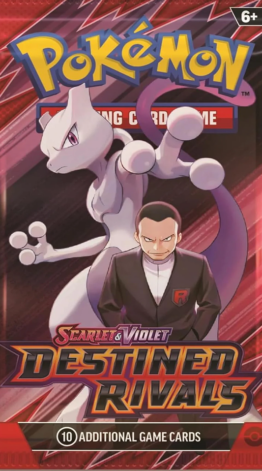 Pokémon trading card game pack featuring a character and a Pokémon on a red and black background.