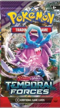 Pokémon trading card game pack featuring a purple and blue creature on a red background.